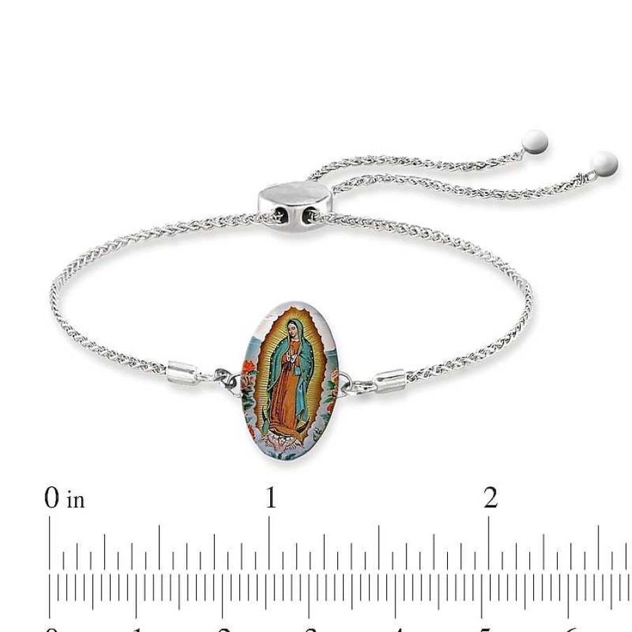 Zales Engravable Enamel Our Lady Of Guadalupe Oval Bolo Bracelet In Sterling Silver (1 Line) Bracelets