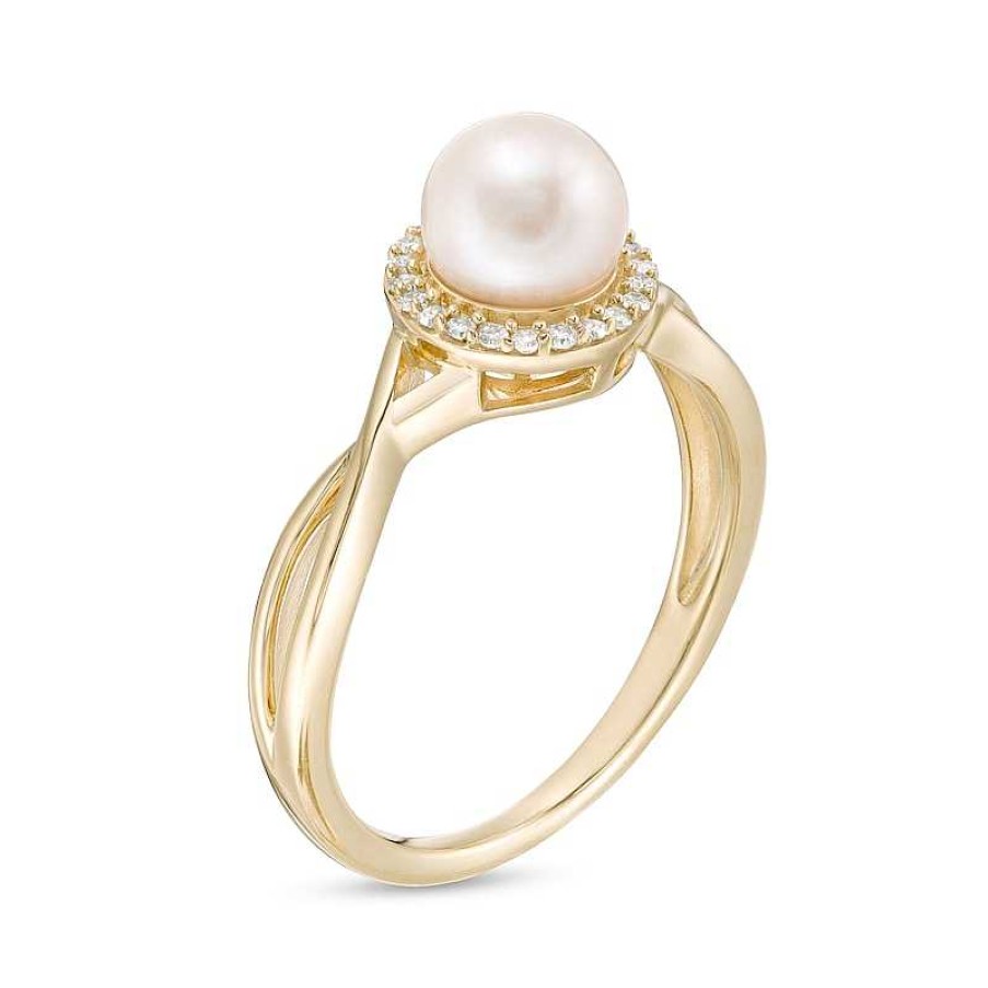 Zales 6.0Mm Cultured Freshwater Pearl And 1/10 Ct. T.W. Diamond Frame Twist Shank Ring In 10K Gold Rings