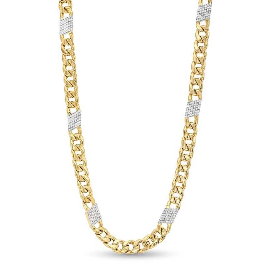 Zales 1-1/8 Ct. T.W. Diamond Station Cuban Curb Chain Necklace In 10K Gold - 22" Necklaces