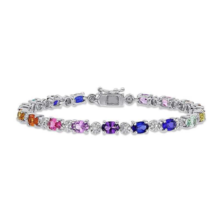 Zales Oval Multi-Color Lab-Created Sapphire And Diamond Accent Alternating Rainbow Line Bracelet In Sterling Silver - 7.25" Bracelets