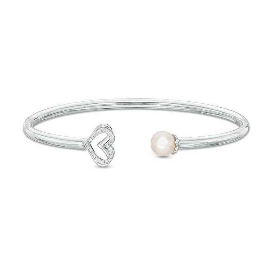 Zales The Kindred Heart From Vera Wang Love Collection Cultured Freshwater Pearl And Diamond Bangle In Sterling Silver - 7.5" Bracelets