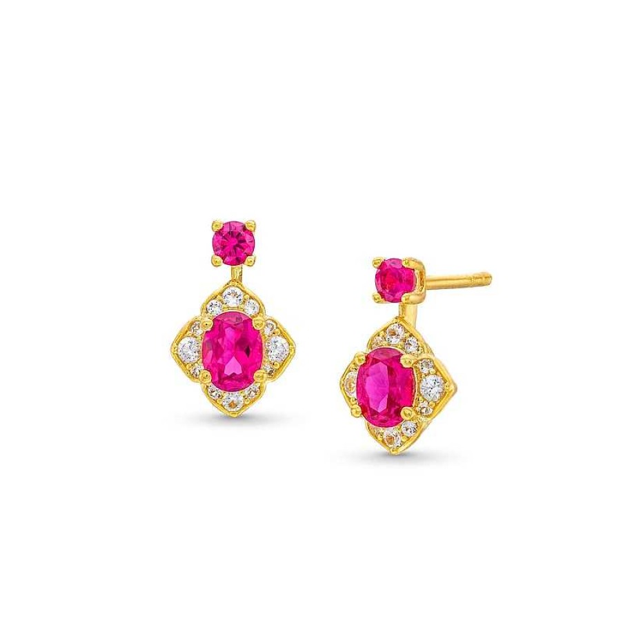 Zales Oval And Round Certified Ruby With 1/8 Ct. T.W. Diamond Flower Frame Drop Earrings In 10K Gold Earrings