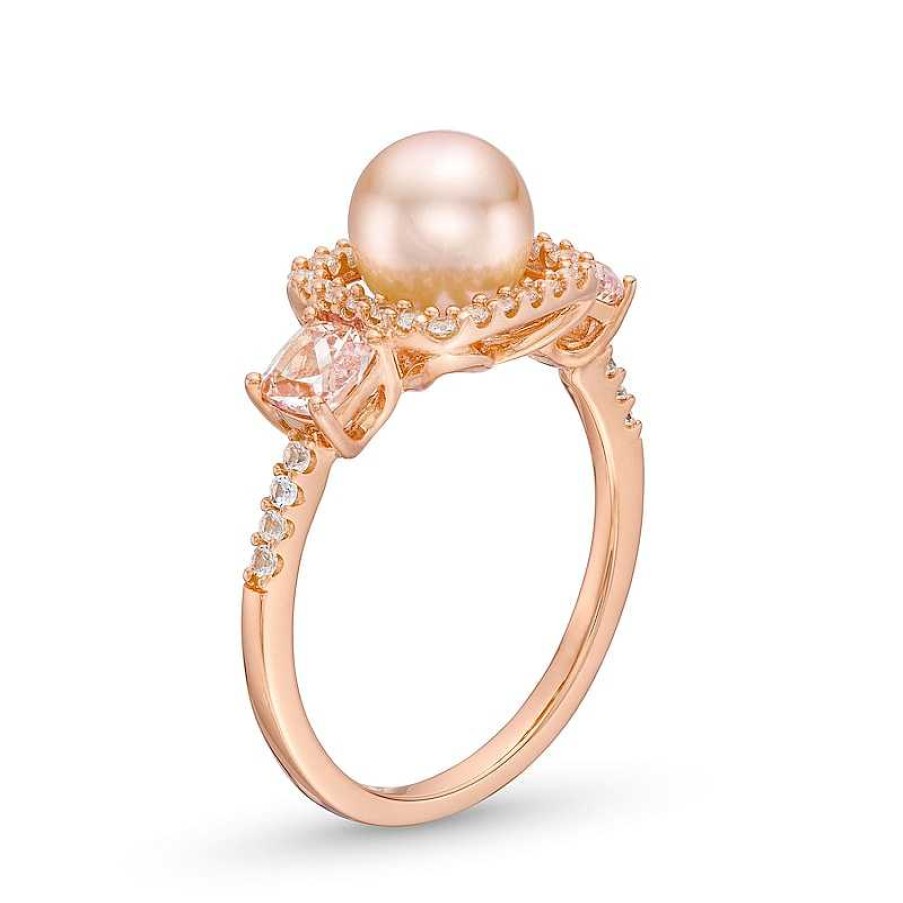 Zales 1/5 Ct. T.W. Diamond, White Lab-Created Sapphire And Cultured Freshwater Pearl Ring In 10K Rose Gold Rings