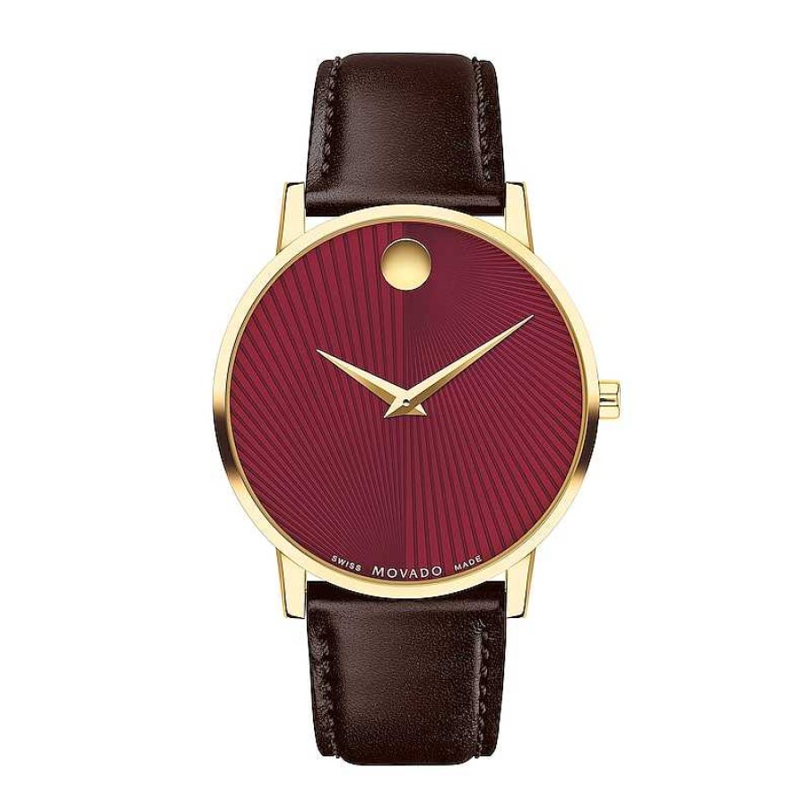 Movado Men'S Movado Museum® Classic Gold-Tone Pvd Brown Strap Watch With Burst Merlot Dial (Model: 0607801) Watches