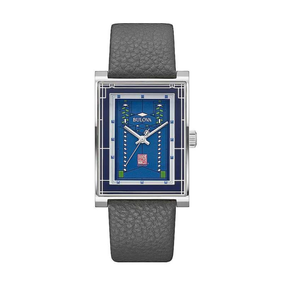 Bulova Men'S Bulova Frank Lloyd Wright Grey Leather Strap Watch With Rectangular Blue Dial (Model: 96A287) Watches