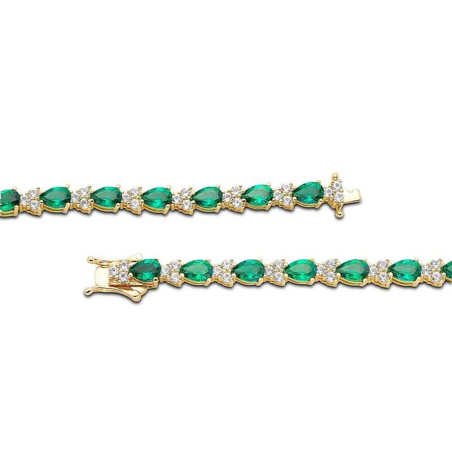 Zales Pear-Shaped Lab-Created Emerald And White Lab-Created Sapphire Alternating Bracelet In Sterling Silver With Gold Plate Bracelets