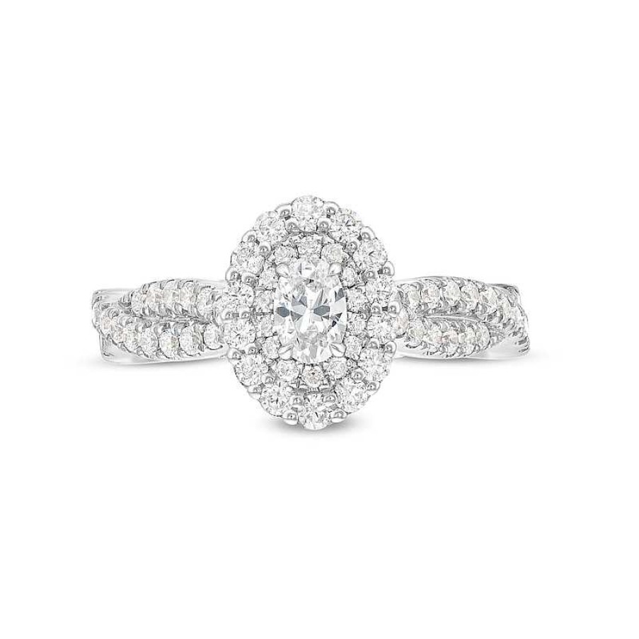 Zales Vera Wang Love Collection 1 Ct. T.W. Oval Diamond Double Frame Twist Shank Engagement Ring In 14K White Gold Rings