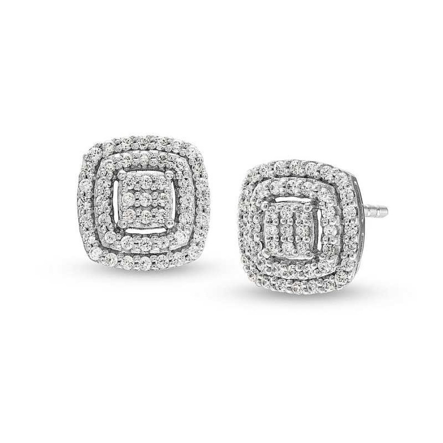 Zales 1/4 Ct. T.W. Cushion Multi-Diamond Double Frame Stud Earrings In 10K White Gold Earrings