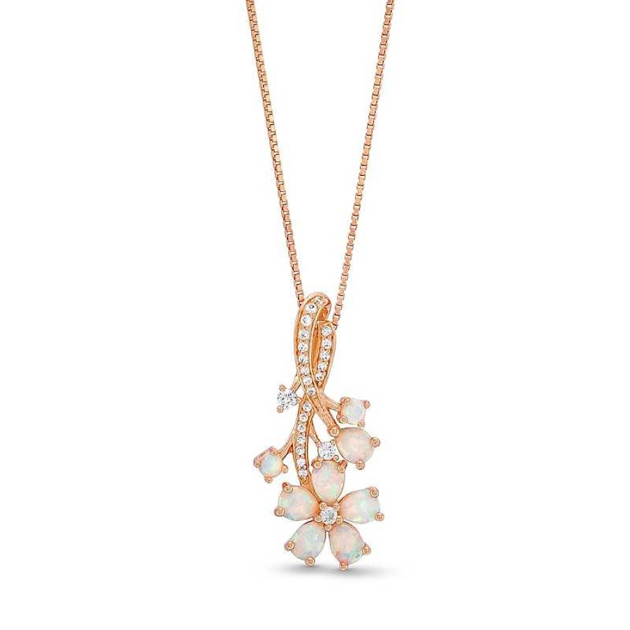 Zales Pear And Round Lab-Created Opal With 1/8 Ct. T.W. Diamond Flower Drop Pendant In Sterling Silver With Rose Gold Plate Necklaces