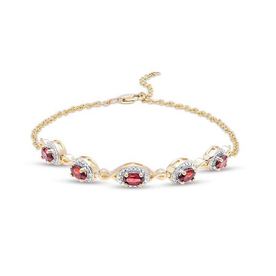 Zales Oval Garnet And Diamond Accent Twist Five Stone Bracelet In 10K Gold 8.0" Bracelets