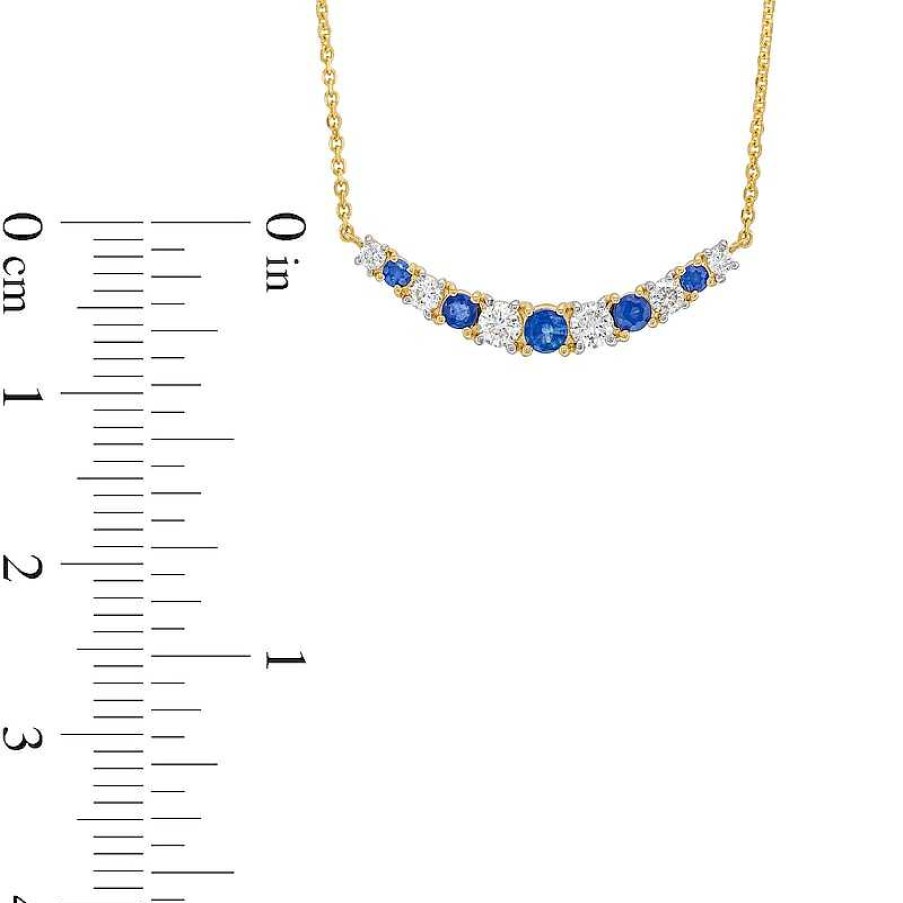 Zales Blue Sapphire And 1/4 Ct. T.W. Diamond Alternating Curved Bar Necklace In 10K Gold Necklaces