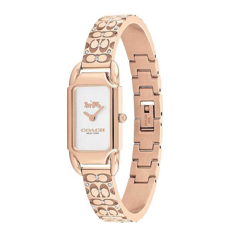 Coach Ladies' Coach Cadie Crystal Accent Rose-Tone Ip Bangle Watch With Rectangular White Dial (Model: 14504197) Watches