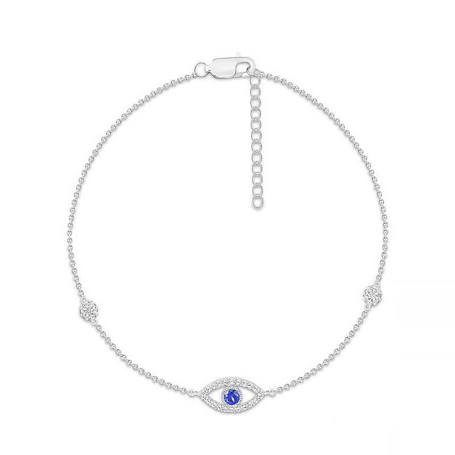 Zales 3.0Mm Blue And White Lab-Created Sapphire Evil Eye Anklet In Sterling Silver - 10" Bracelets