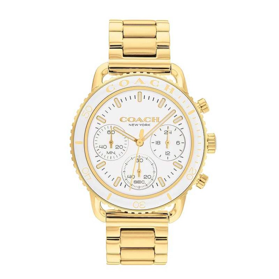 Coach Ladies' Coach Cruiser Gold-Tone And White Ceramic Bezel Chronograph Watch With White Dial (Model: 14504051) Watches