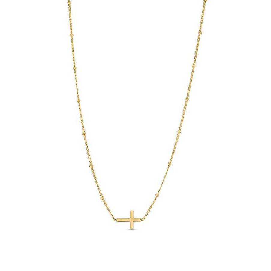 Zales Bead Station Cross Necklace In Solid 14K Gold - 22" Necklaces