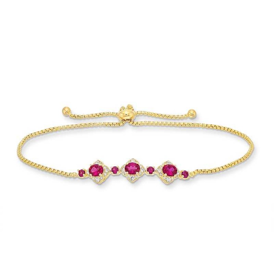 Zales Oval Certified Ruby And 1/5 Ct. T.W. Diamond Flower Frame Three Stone Bolo Bracelet In 10K Gold - 9" Bracelets