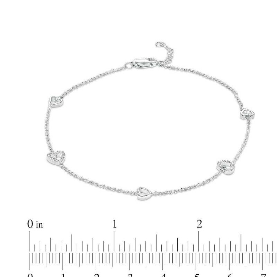 Zales 1/10 Ct. T.W. Diamond Open Heart Station Anklet In Sterling Silver 10" Bracelets