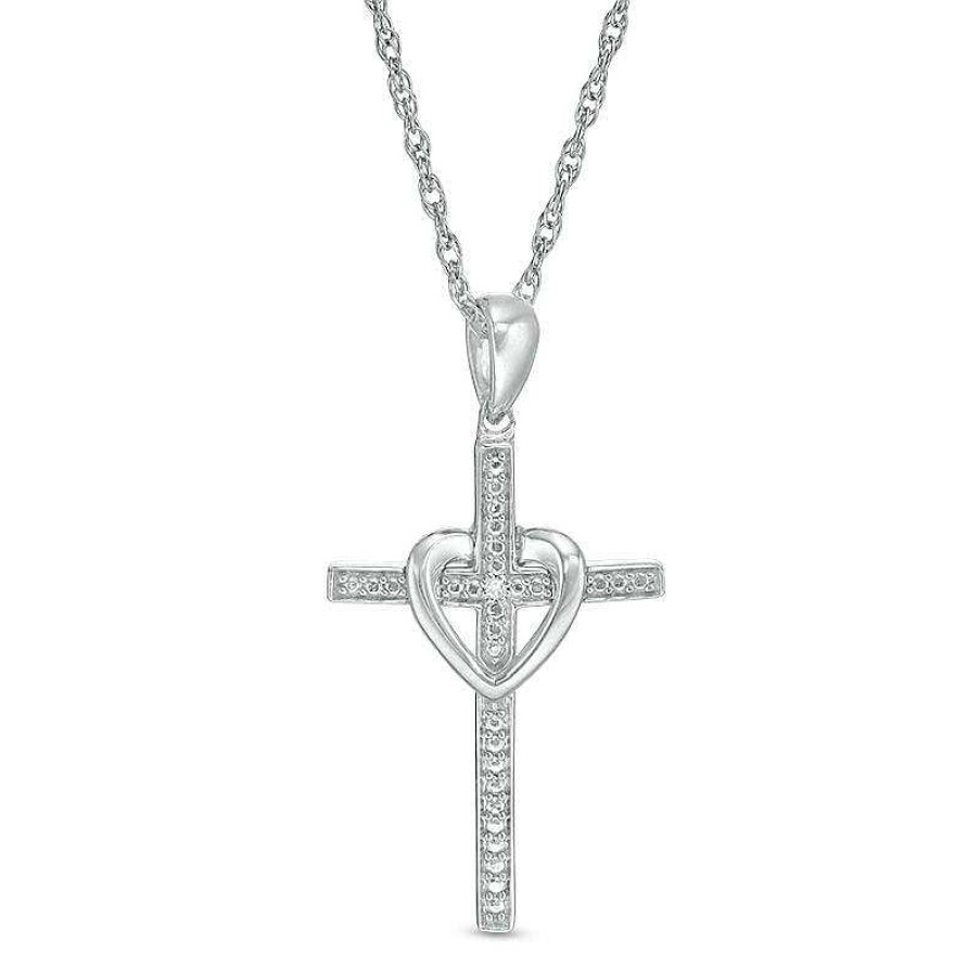 Zales Diamond Accent Cross With Heart Pendant In Sterling Silver Necklaces