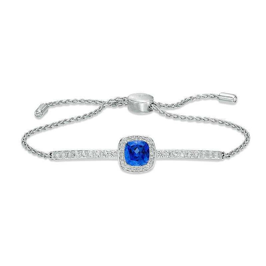 Zales 7.0Mm Cushion-Cut Lab-Created Blue And White Sapphire Frame Bolo Bracelet In Sterling Silver - 9.0" Bracelets