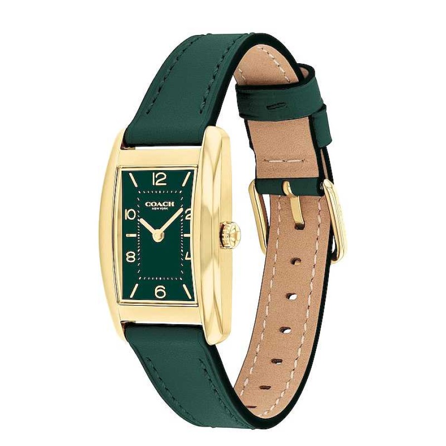 Coach Ladies' Coach Reese Gold-Tone Ip Green Leather Strap Watch With Rectangular Green Dial (Model: 14504354) Watches