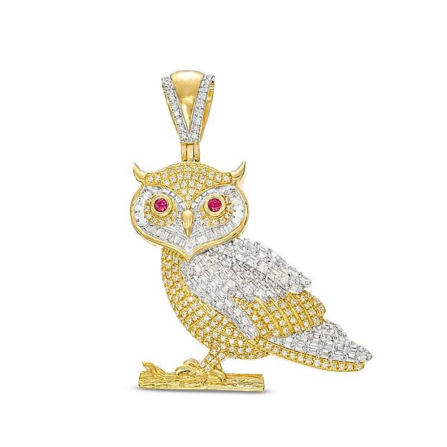 Zales Men'S 3/4 Ct. T.W. Diamond And Lab-Created Ruby Perched Owl Charm In 10K Gold Necklaces