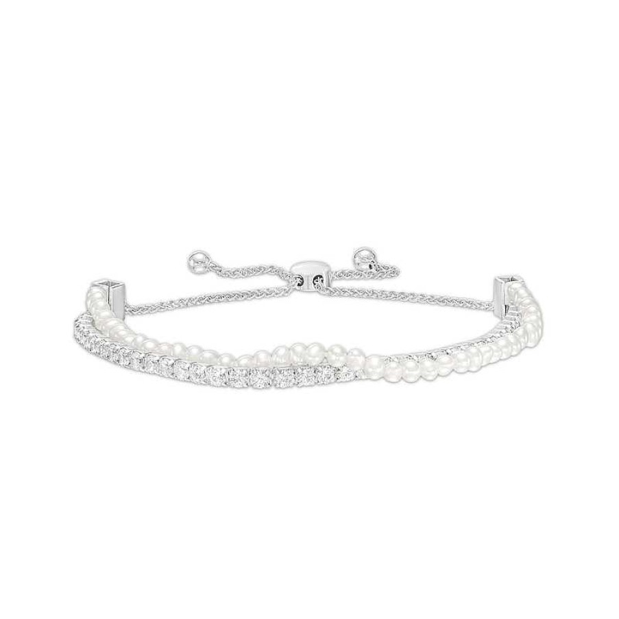 Zales Cultured Freshwater Pearl Strand And White Lab-Created Sapphire Line Double Row Bolo Bracelet In Sterling Silver - 9.0" Bracelets