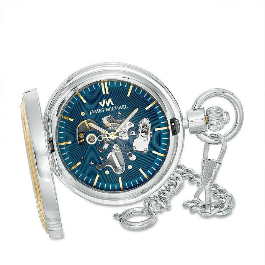 James Michael Men'S James Michael Two-Tone Pocket Watch With Blue Skeleton Dial (Model: Pma181044C) Watches