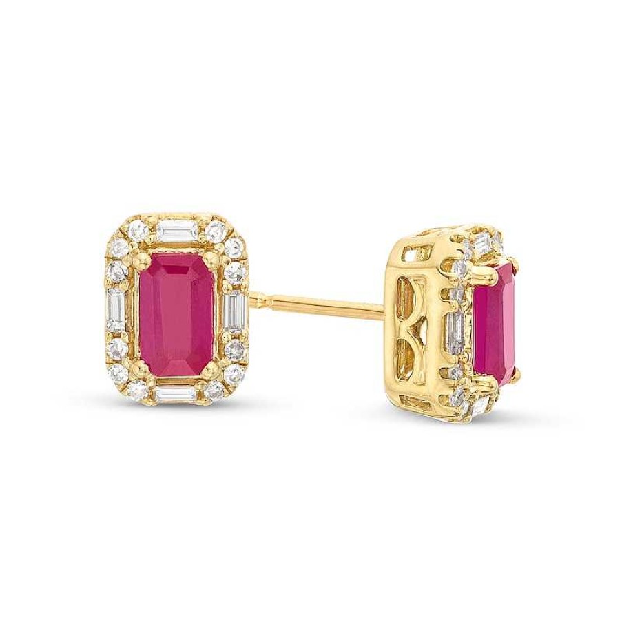 Zales Emerald-Cut Ruby And 1/6 Ct. T.W. Diamond Frame Stud Earrings In 10K Gold Earrings