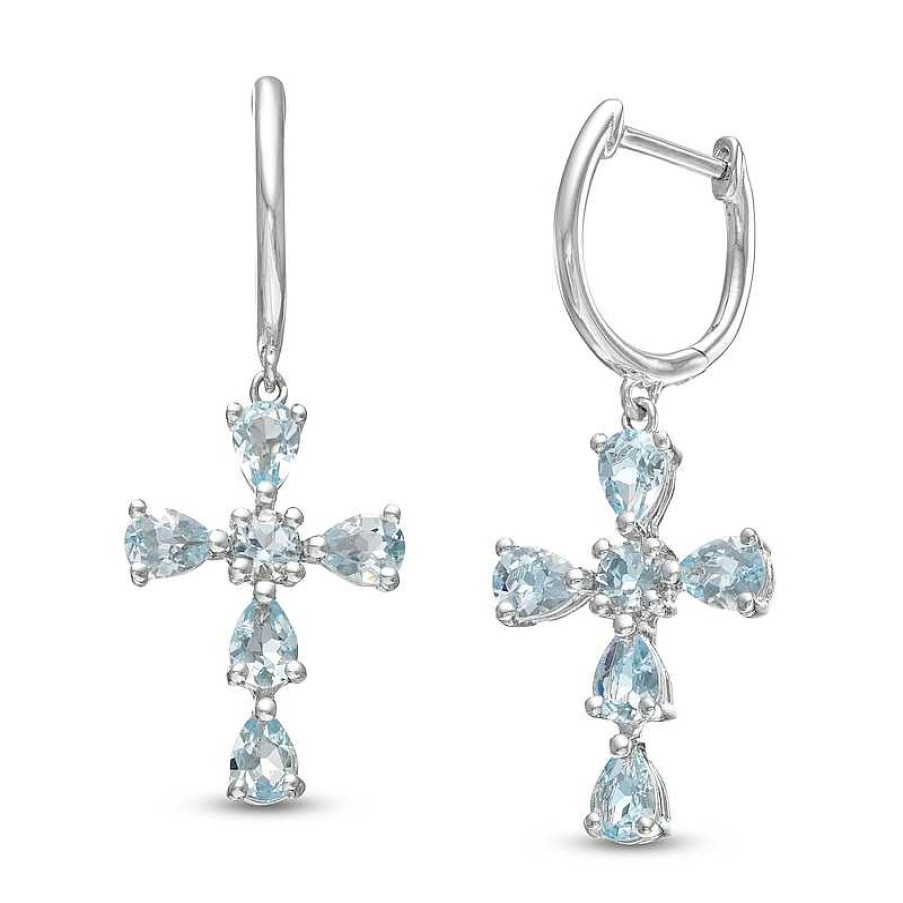 Zales Pear-Shaped And Round Aquamarine Cross Drop Earrings In Sterling Silver Earrings