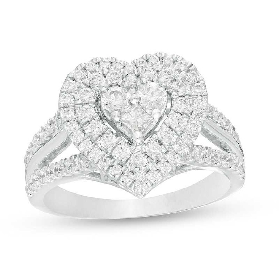 Zales 1 Ct. T.W. Heart-Shaped Multi-Diamond Double Frame Split Shank Ring In 10K White Gold Rings