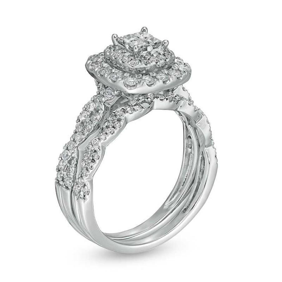 Zales 1 Ct. T.W. Quad Princess-Cut Diamond Double Cushion-Shaped Frame Twist Shank Bridal Set In 14K White Gold Rings