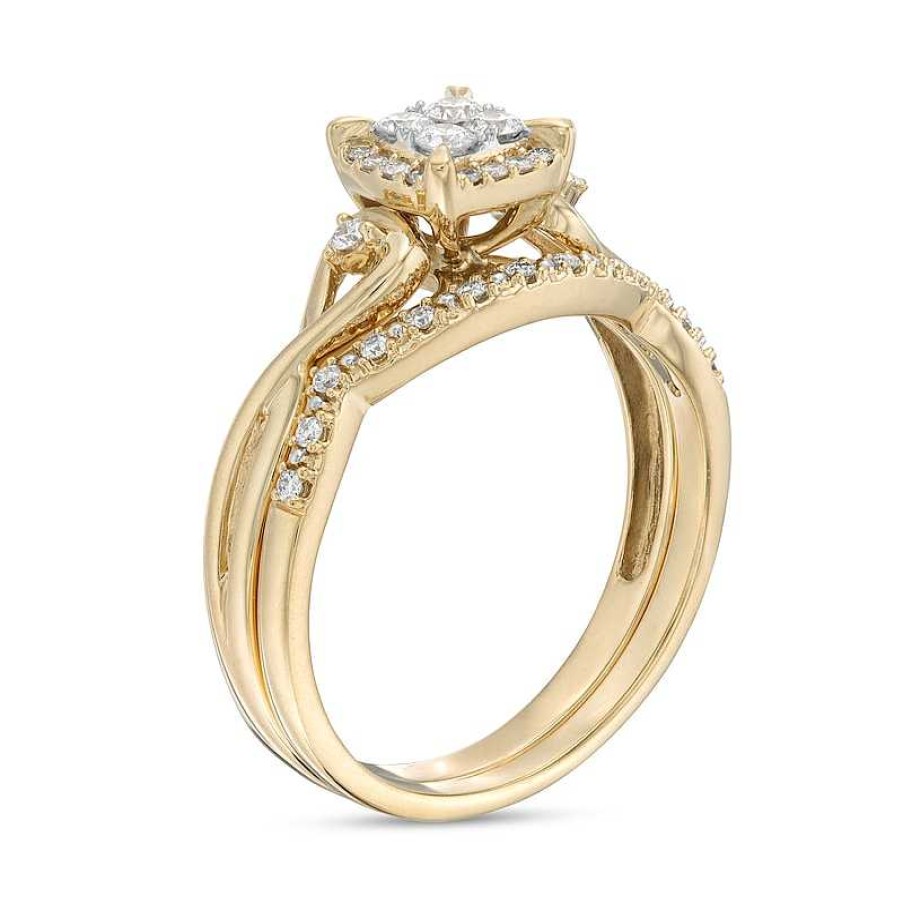 Zales 1/3 Ct. T.W. Quad Diamond Cushion-Shaped Frame Twist Shank Bridal Set In 10K Gold Rings