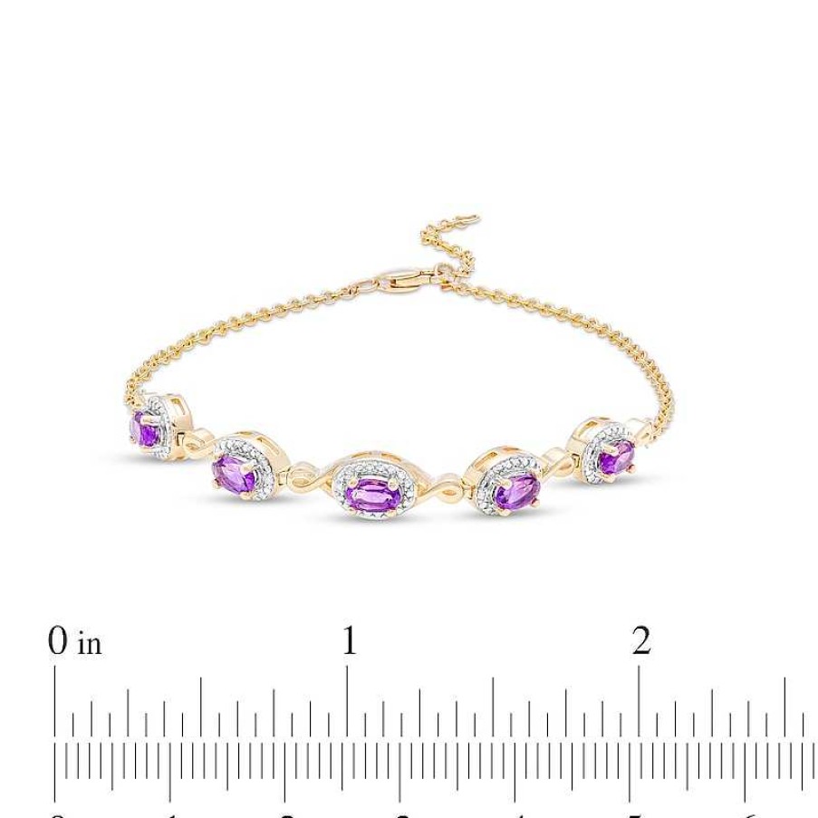 Zales Oval Amethyst And Diamond Accent Twist Five Stone Bracelet In 10K Gold 8.0" Bracelets