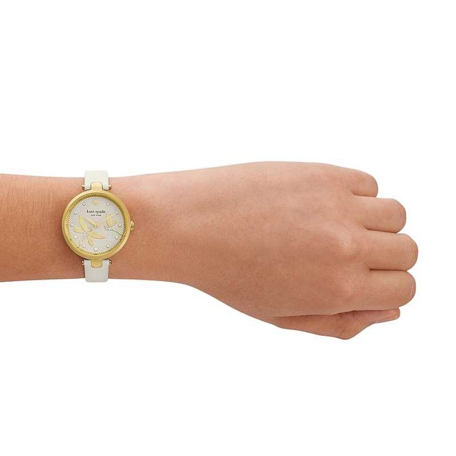 Kate Spade Ladies' Kate Spade Holland Gold-Tone White Leather Strap Watch With Crystal Accent Textured White Dial (Model: Ksw1790) Watches