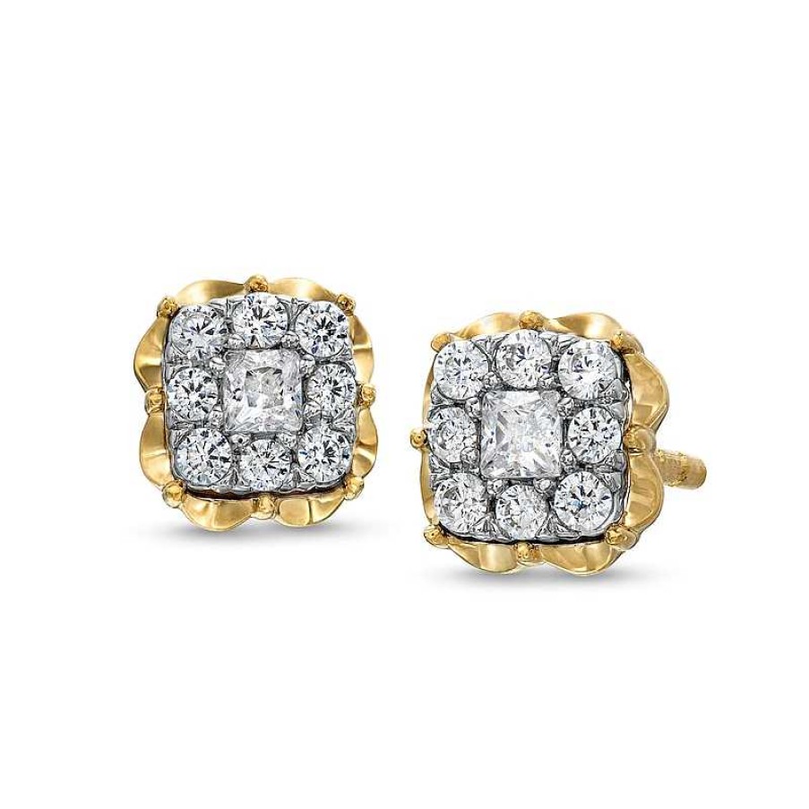 Zales 1/4 Ct. T.W. Cushion Multi-Diamond Scallop Frame Stud Earrings In 10K Gold Earrings