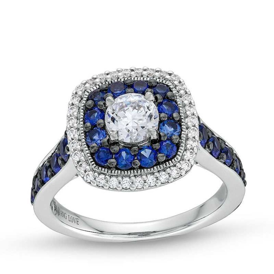 Zales Vera Wang Love Collection 3/4 Ct. T.W. Diamond And Blue Sapphire Cushion Frame Engagement Ring In 14K White Gold Rings