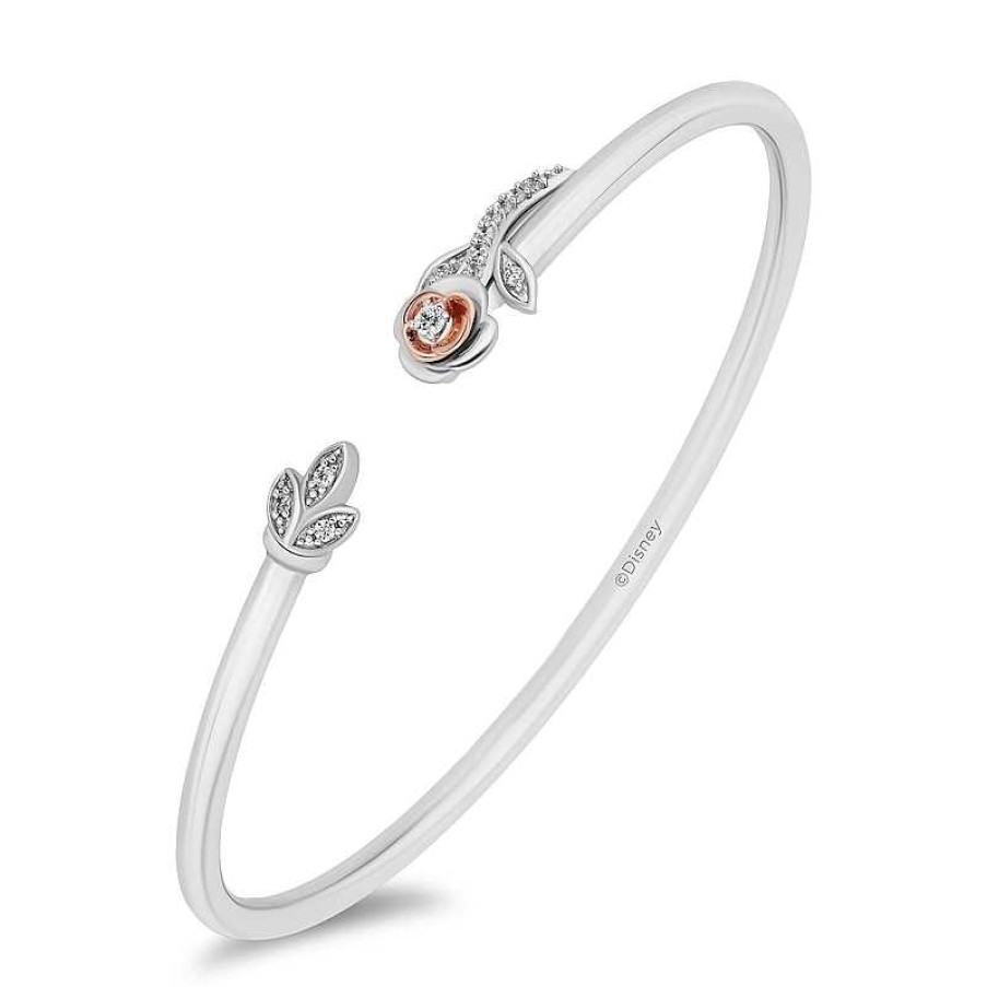 Zales Enchanted Disney Belle 1/6 Ct. T.W. Diamond Rose Leaf Open Bangle In Sterling Silver And 10K Rose Gold Bracelets