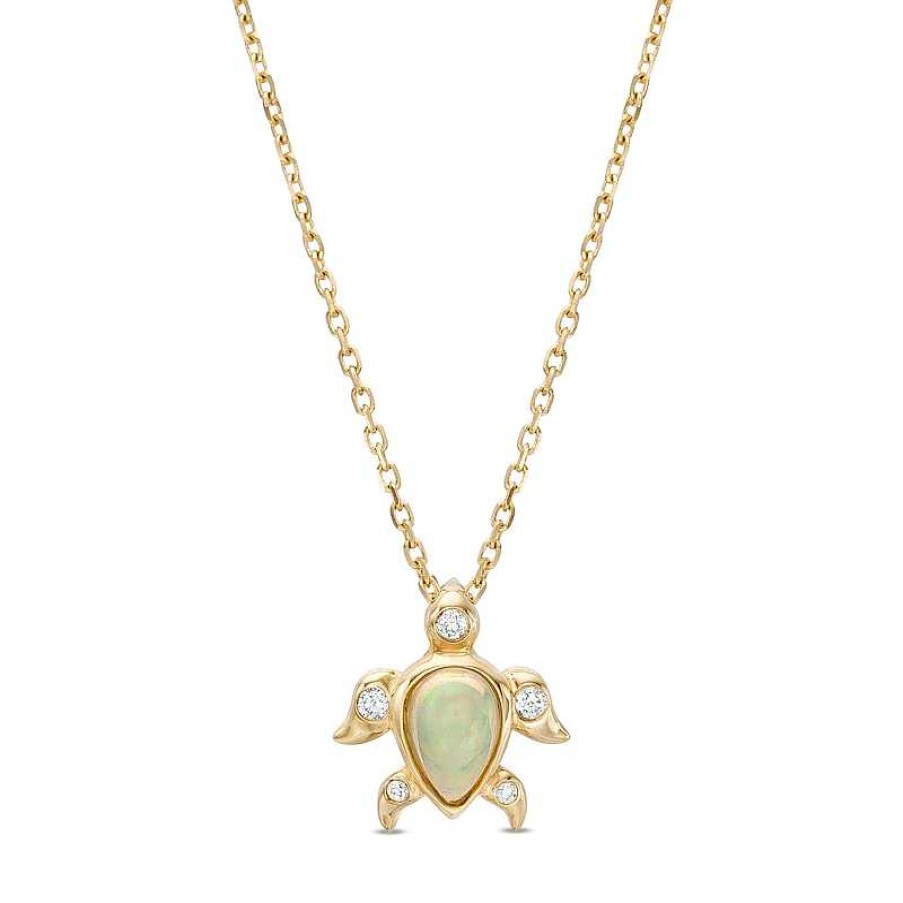 Zales Pear-Shaped Opal And 1/20 Ct. T.W. Diamond Turtle Pendant In 10K Gold Necklaces