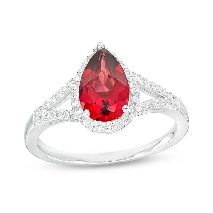 Zales Pear-Shaped Garnet And White Lab-Created Sapphire Frame Split Shank Ring In Sterling Silver Rings