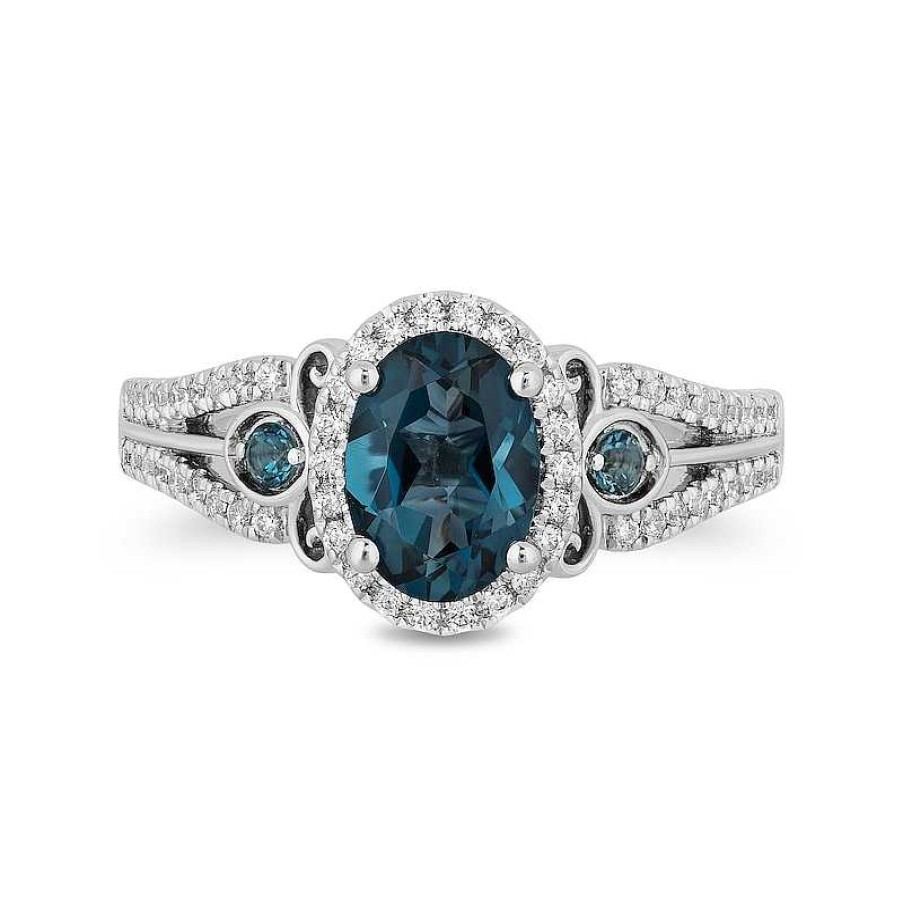 Zales Enchanted Disney Cinderella Oval London Blue Topaz And 1/3 Ct. T.W. Diamond Frame Engagement Ring In 14K White Gold Rings