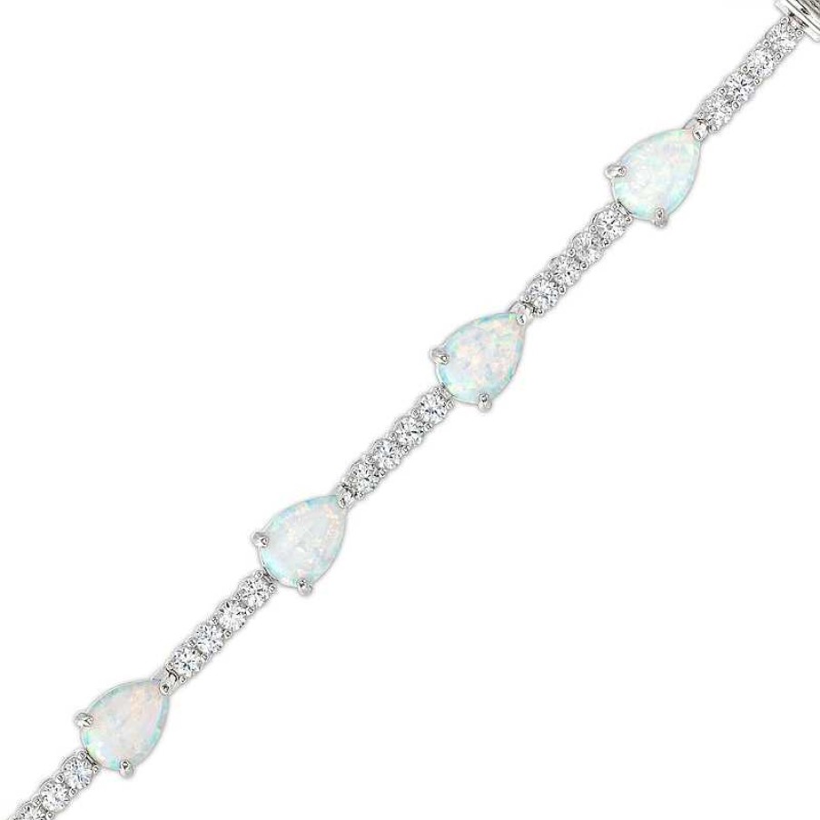 Zales Pear-Shaped Lab-Created Opal And White Lab-Created Sapphire Station Line Bracelet In Sterling Silver - 7.25" Bracelets