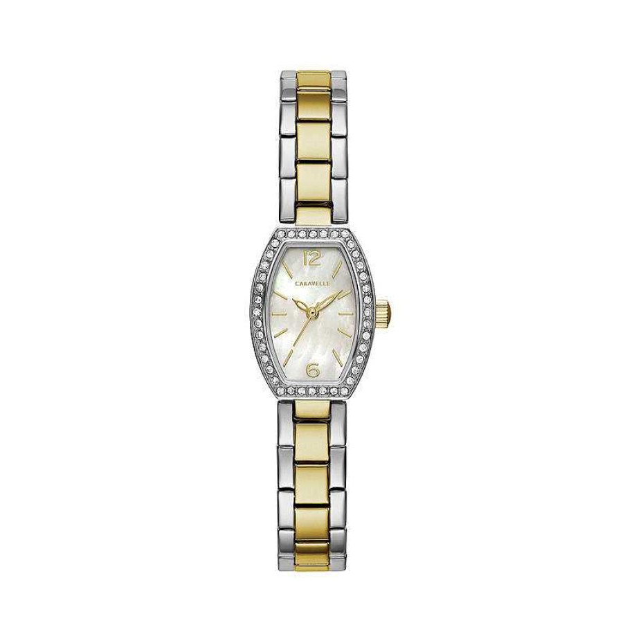 CARAVELLE Ladies' Caravelle By Bulova Crystal Accent Two-Tone Watch With Tonneau Mother-Of-Pearl Dial (Model: 45L168) Watches