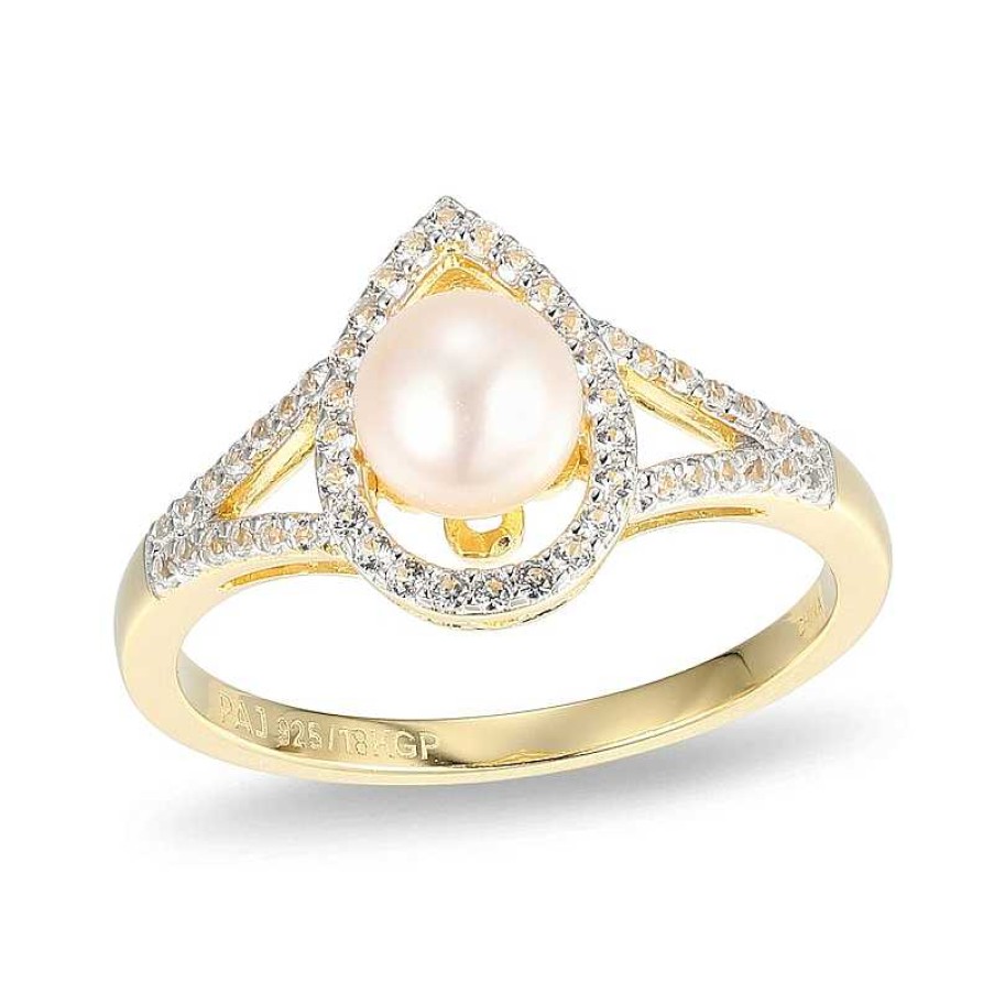 Zales 5.5-6.0Mm Cultured Freshwater Pearl And White Lab-Created Sapphire Ring In Sterling Silver With 18K Gold Plate Rings