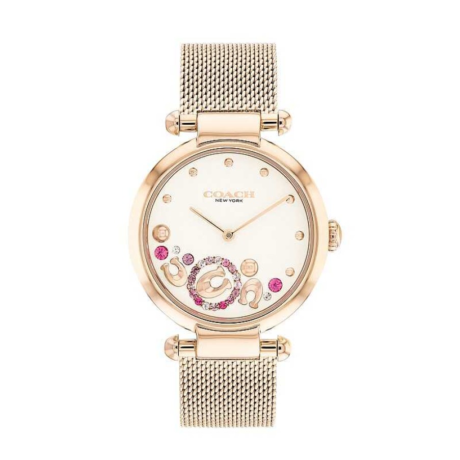 Coach Ladies' Coach Cary Crystal Accent Horseshoe Rose-Tone Ip Mesh Watch With Silver-Tone Dial (Model: 14504004) Watches