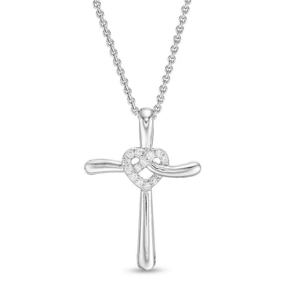 Zales 1/15 Ct. T.W. Diamond Cross With Heart Pendant In Sterling Silver Necklaces