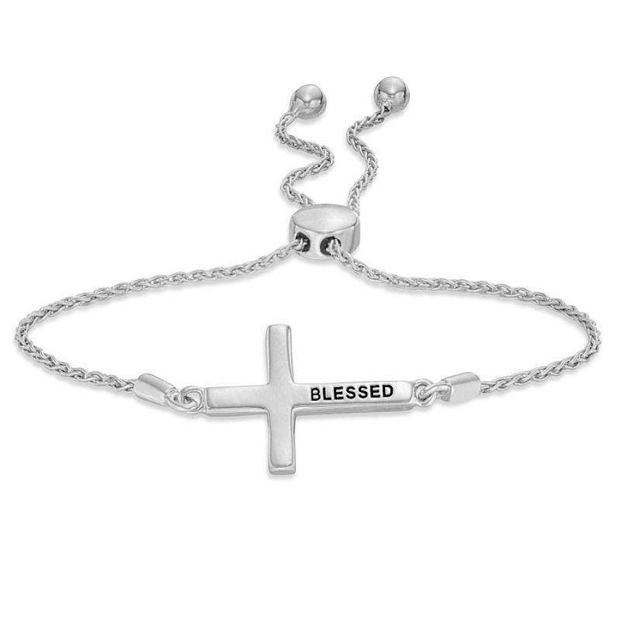 Zales 1/10 Ct. T.W. Diamond Sideways Cross Bolo Bracelet In Sterling Silver (1 Line) - 9.5" Bracelets