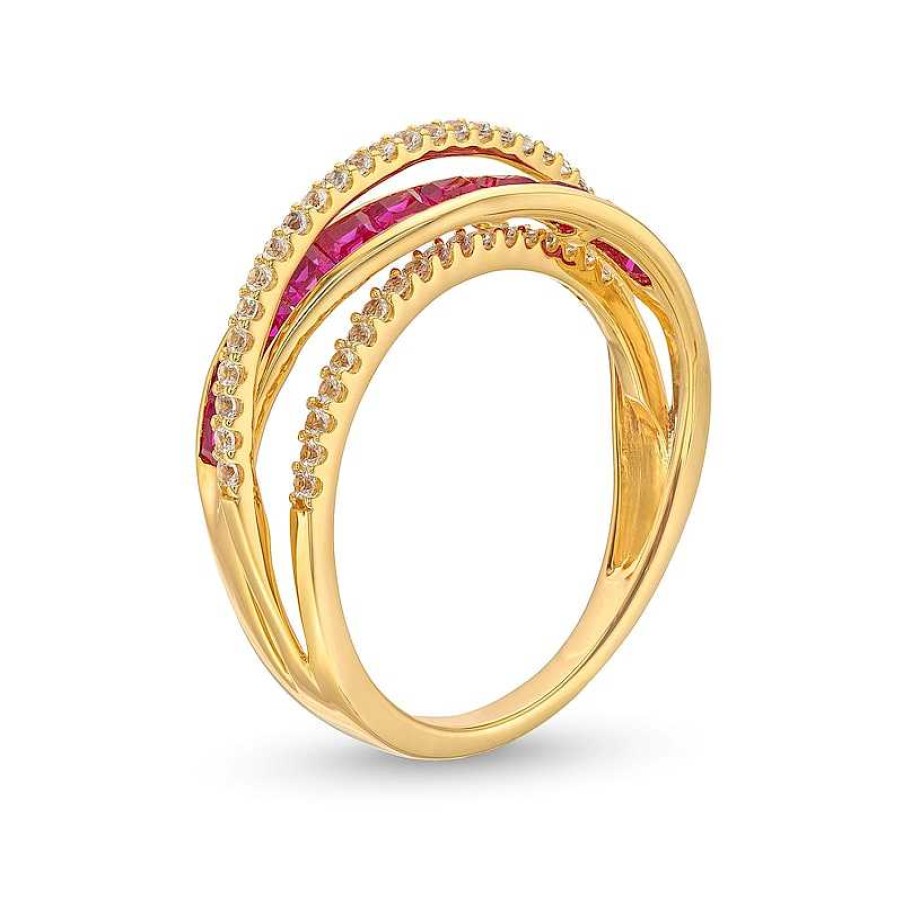 Zales Princess-Cut Lab-Created Ruby And 1/5 Ct. T.W. Diamond Criss-Cross Ring In 10K Gold Rings