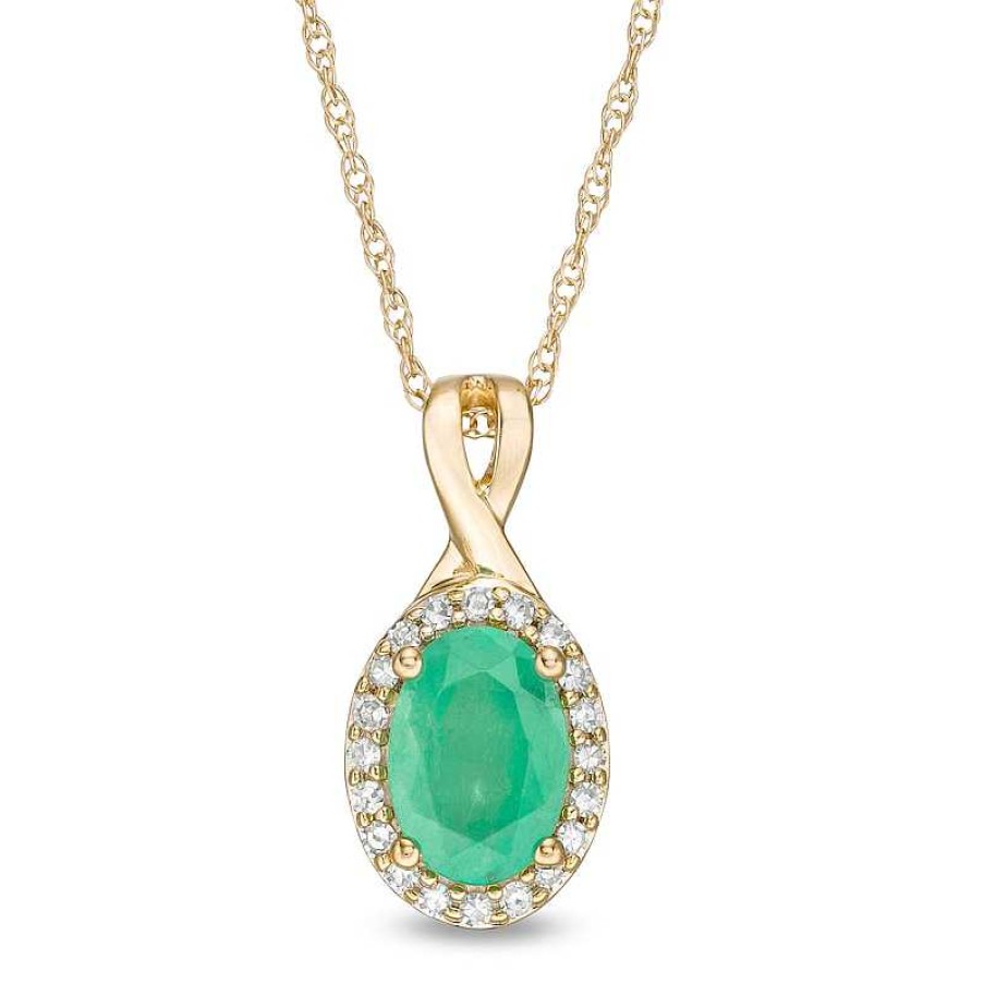 Zales Oval Emerald And 1/15 Ct. T.W. Diamond Frame Pendant In 10K Gold Necklaces