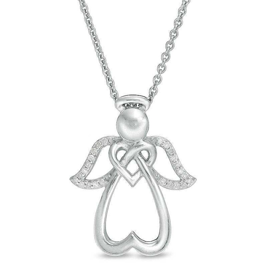 Zales 1/20 Ct. T.W. Diamond Double Heart Angel Pendant In Sterling Silver Necklaces