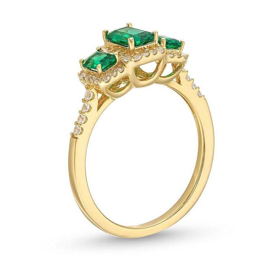 Zales Emerald-Cut Lab-Created Emerald And 1/4 Ct. T.W. Diamond Frame Three Stone Ring In 10K Gold Rings